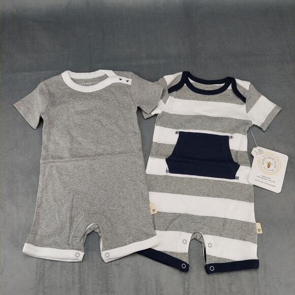 Burt's Bees Baby Boy 2 Pack Organic Cotton Romper Set Gray & Blue Stripes 3-6M - Picture 1 of 6